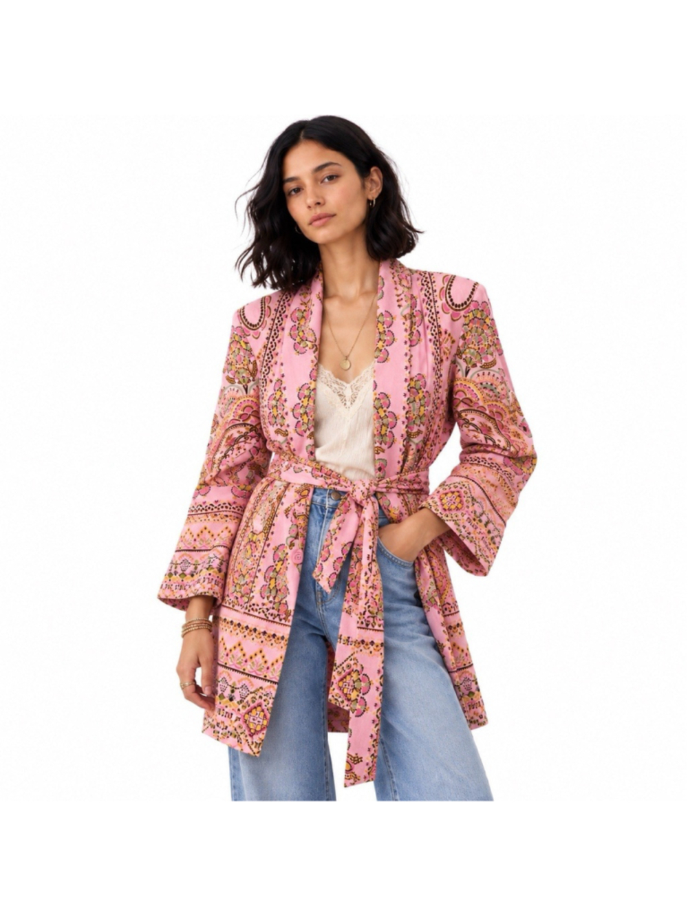 Fate Pink Lagen Look Art To Wear Long Line Linen Cotton Blazer M NWT